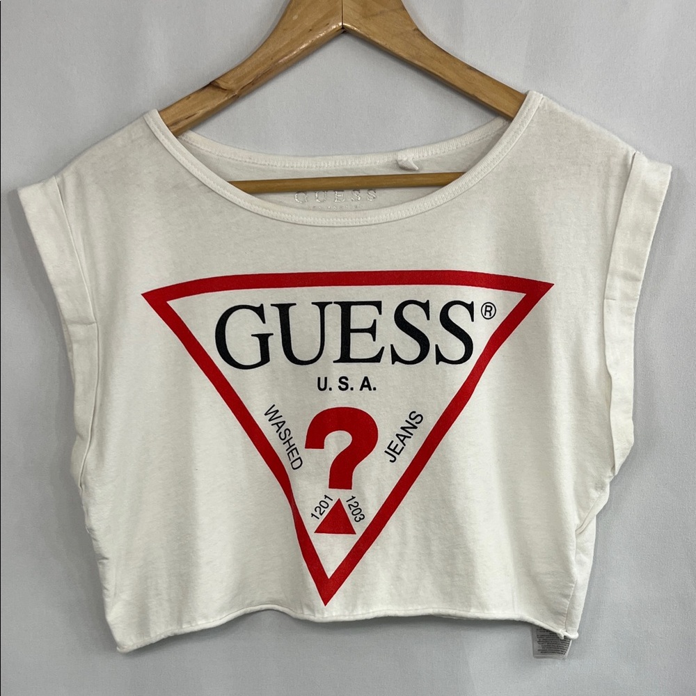 GUESS Women's Raw Hem White Crop Top with Red Logo - Size XS